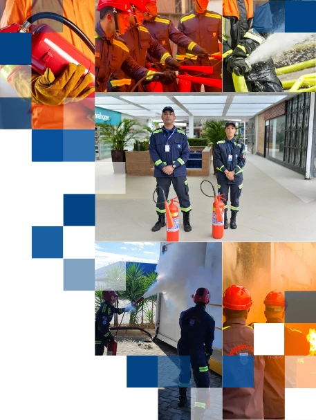 Bombeiros civis em ação com foco em prevenção, resgate e combate a incêndios.