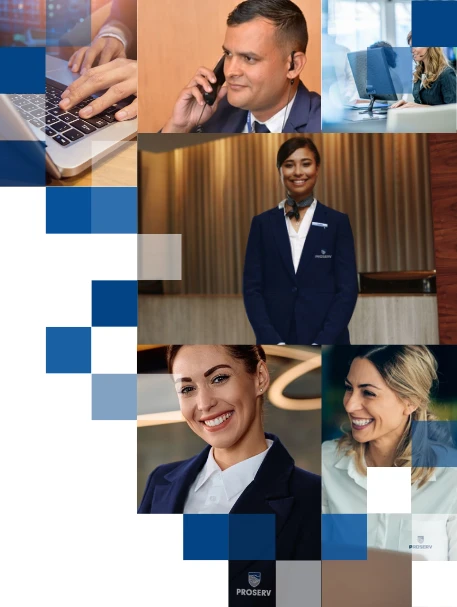 Recepcionistas atendendo clientes com cordialidade e suporte profissional.